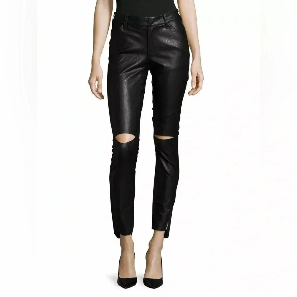 One Teaspoon Faux Leather Pants Leggings Black Skinny Straight Leg slit knee XS